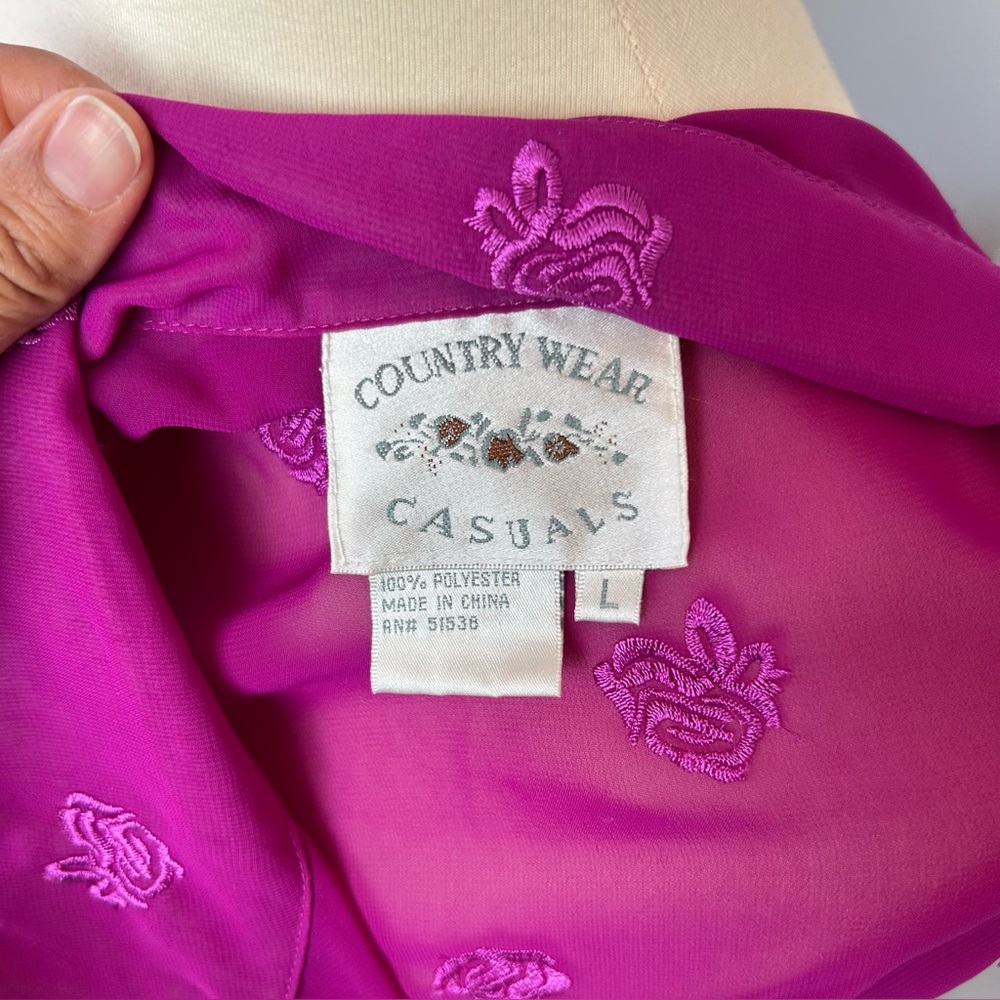 VTG Country Wear Casuals LG Pink Sheer Top Floral Embroidered Y2K Spring Roses - Picture 7 of 8